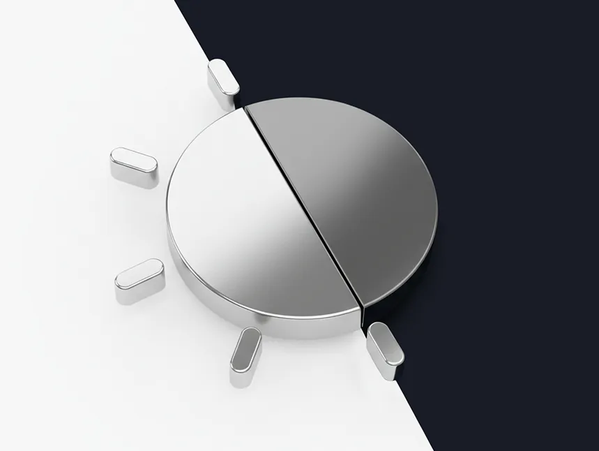 A 3D minimalist icon representing light and dark mode toggle, featuring a polished chrome sun split down the middle over a contrasting white and black background.
