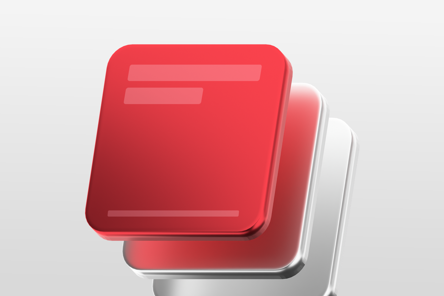 3D minimalist illustration of stacked red and white content cards representing digital content creation and social media strategy.