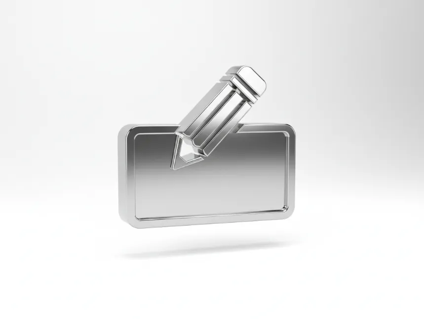Silver 3D copywriting icon featuring a metallic pencil writing on a rectangular tablet.