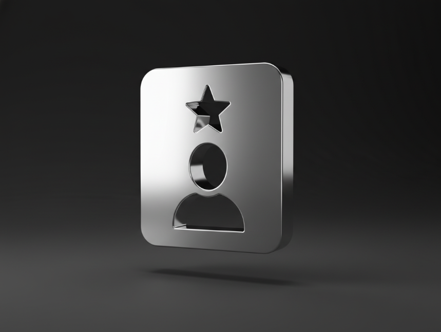 Silver 3D icon of a profile user with a star on a square background, representing a premium Deriv partner brand identity.