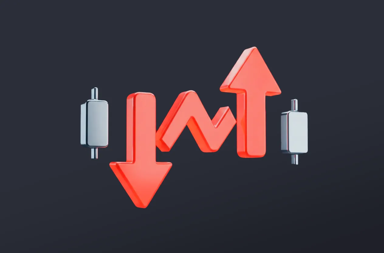 3D illustration of red glossy arrows pointing up and down between silver candlestick chart symbols on a dark background, representing vanilla options trading and market volatility.