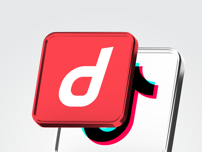 3D render of the red Deriv logo icon positioned in front of the TikTok logo, illustrating social media marketing alternatives and trading platform integration.