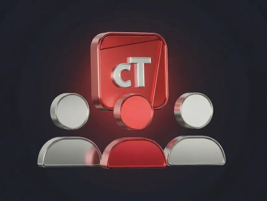 3D red and silver cTrader Copy logo featuring three stylized human figures, representing social trading and copy trading services for forex and CFD traders.