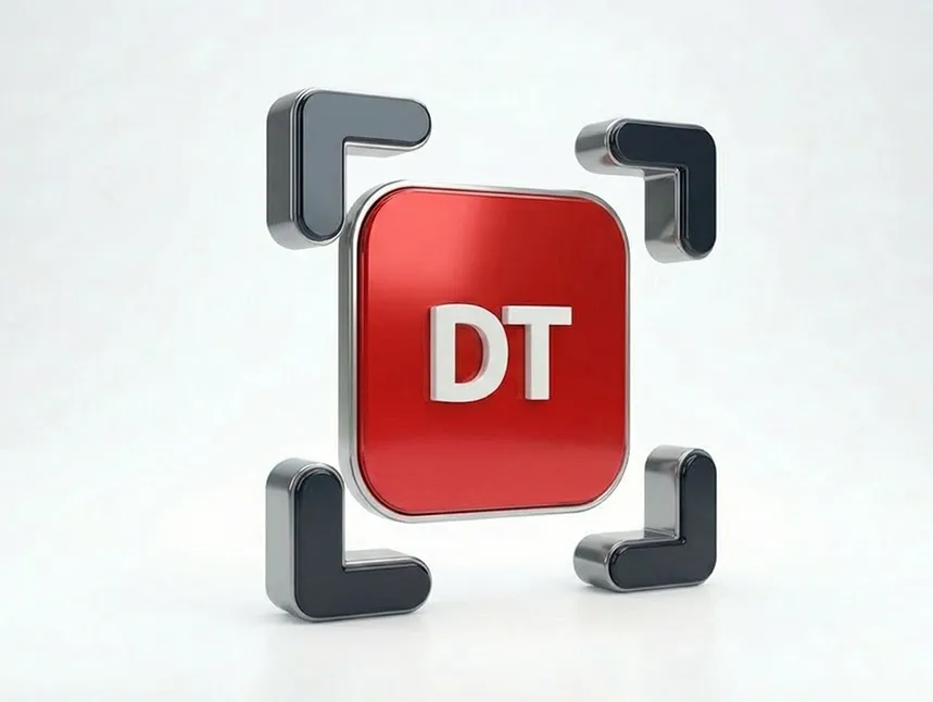 3D icon featuring a glossy red square with the white letters "DT" in the center, framed by four metallic L-shaped brackets suggesting a camera viewfinder or screen capture, set against a clean white background.