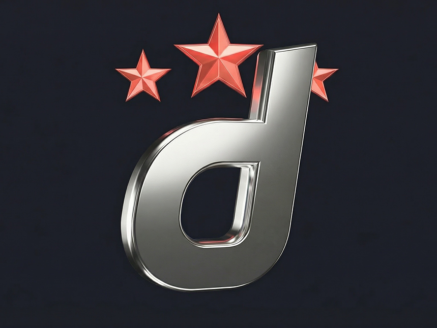 3D metallic lowercase letter 'd' with three red glowing stars above it on a dark grey background.