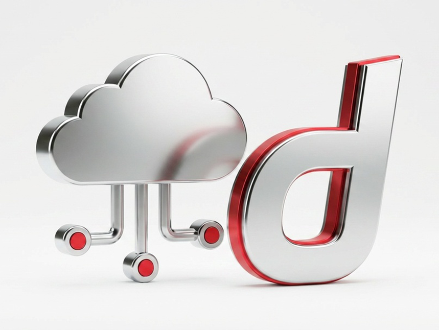 Metallic 3D cloud icon with circuit connection nodes next to a chrome lowercase letter d, representing cloud API integration and digital connectivity.