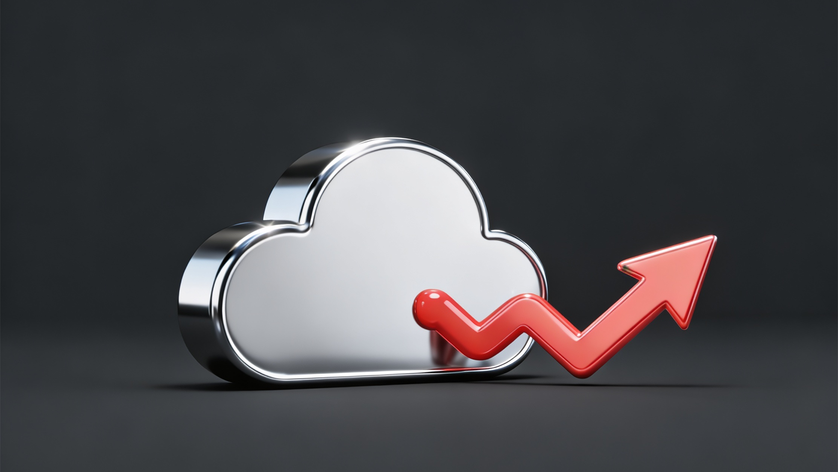 3D metallic cloud icon with a rising red arrow on a dark gray background, representing cloud computing growth and data analytics trends.