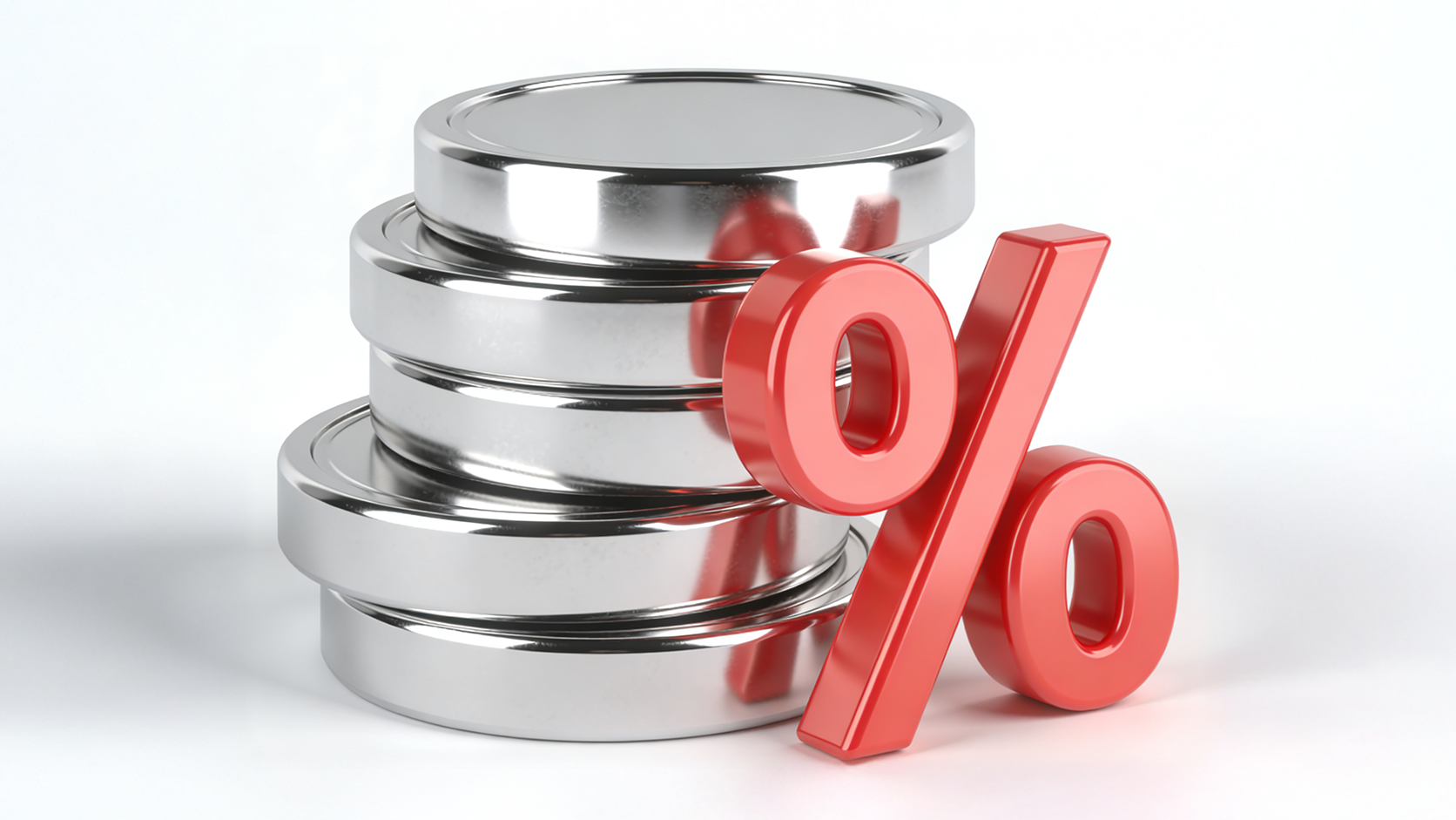 A 3D digital illustration featuring a stack of five shiny, metallic silver coins on a plain white background, with a large, glossy red percentage symbol ($\%$) resting vertically against the front right side of the stack.