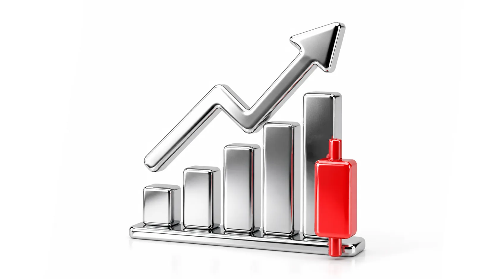 3D financial bar chart with metallic silver growth columns and an ascending trend arrow, featuring a single red trading candlestick icon in the foreground on a white background.