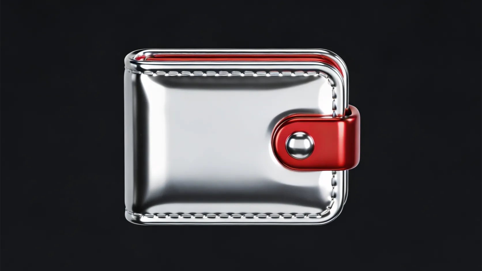 3D digital illustration of a metallic silver wallet with a glossy red strap button clasp, isolated on a solid dark black background.