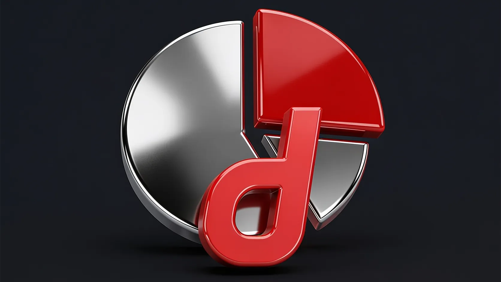 3D glossy pie chart graphic in chrome silver and red with a lowercase letter d logo on a dark background, illustrating digital marketing analytics and conversion metrics tracking.