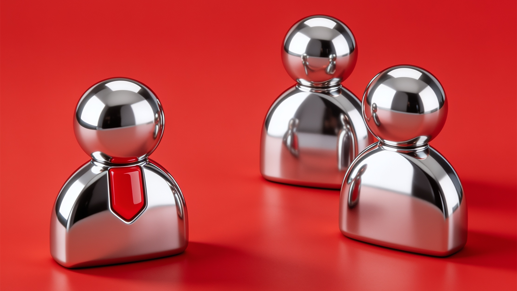 Three chrome metallic pawn figurines representing people on a red background, with one figurine wearing a red tie standing apart from the others.