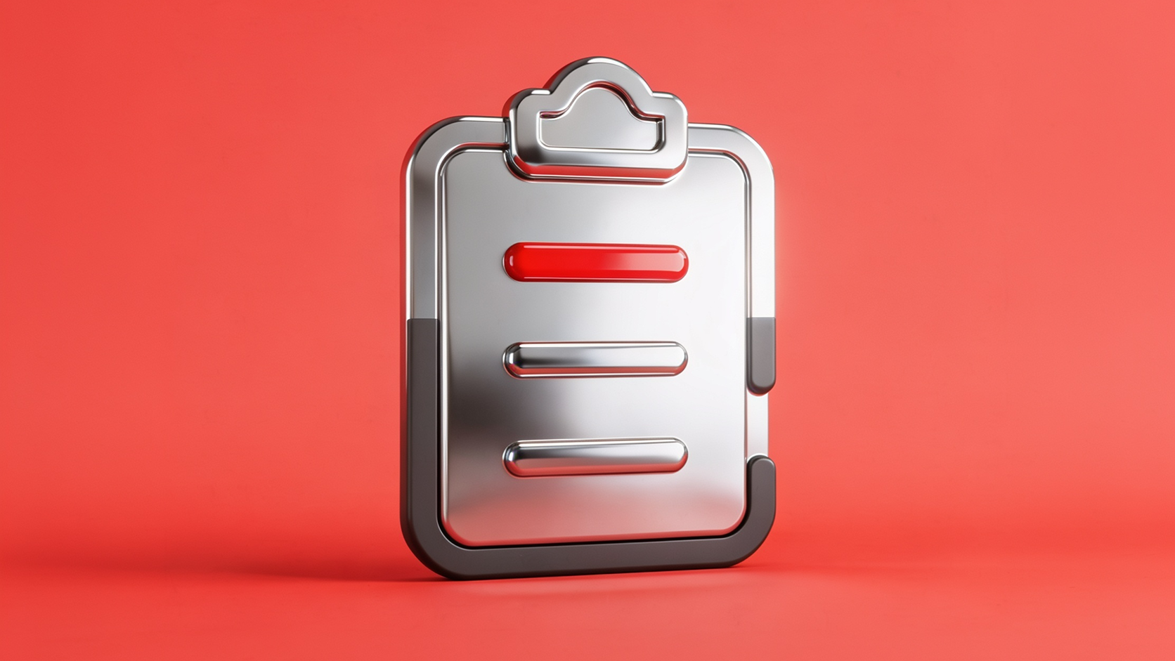 3D metallic clipboard icon with horizontal tracking lines on a red background, representing a business commission statement and partner performance report.