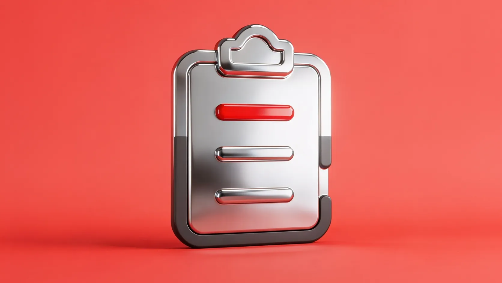 3D metallic clipboard icon with horizontal tracking lines on a red background, representing a business commission statement and partner performance report.