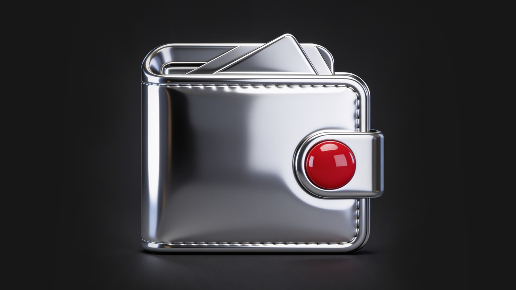 A glossy metallic chrome digital wallet icon with a prominent red button clasp on a dark background, representing the Deriv partner wallet for commission payouts.