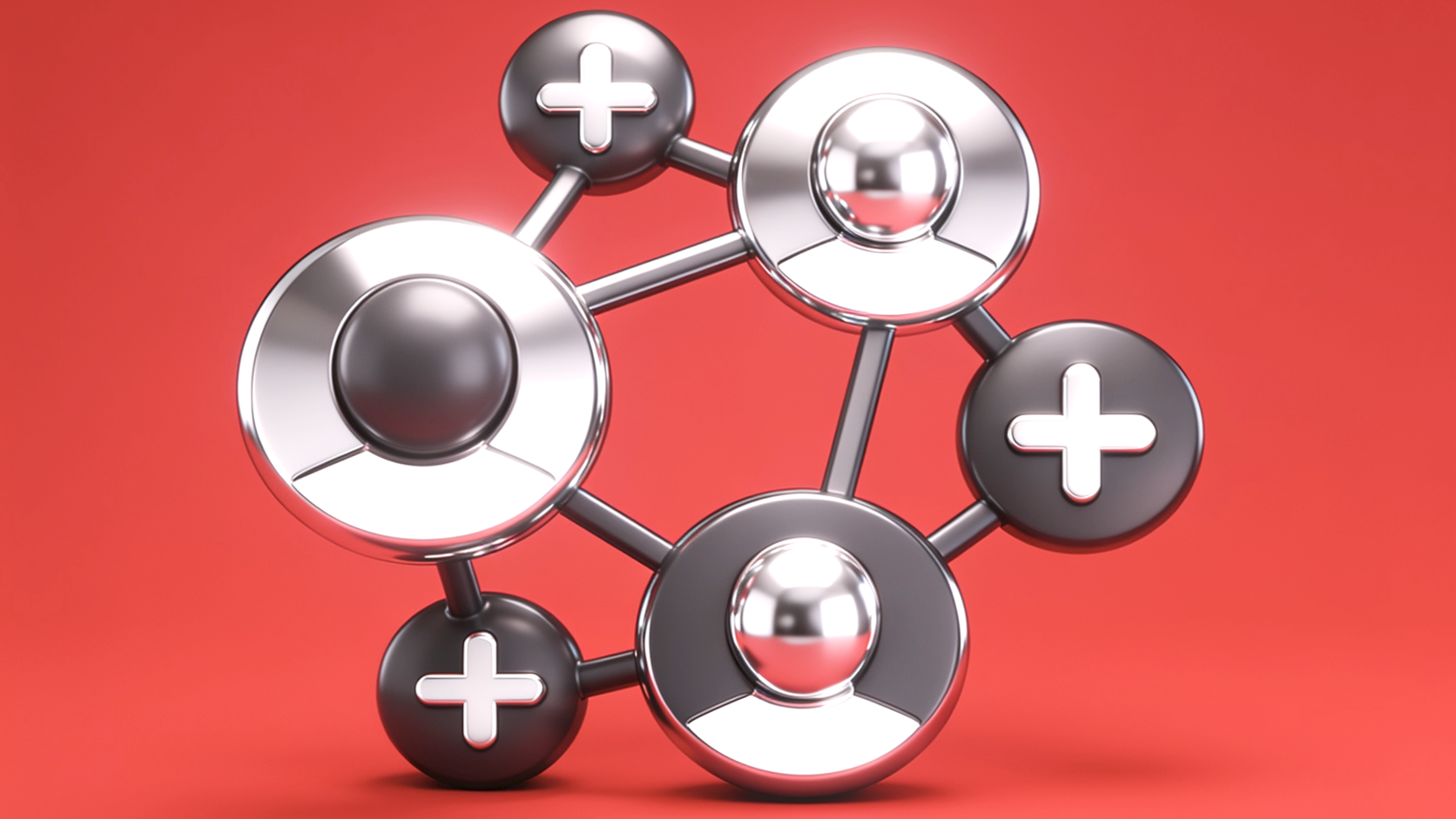 3D network diagram of interconnected user profile icons and plus signs on a red background, representing a referral program or network building.
