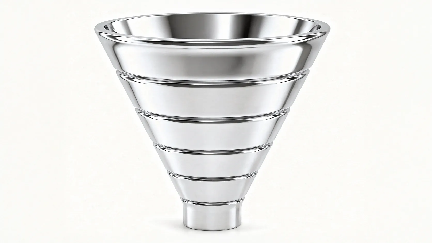 A sleek, metallic chrome marketing funnel with five distinct tiered segments isolated on a white background, symbolising a referral sales funnel.