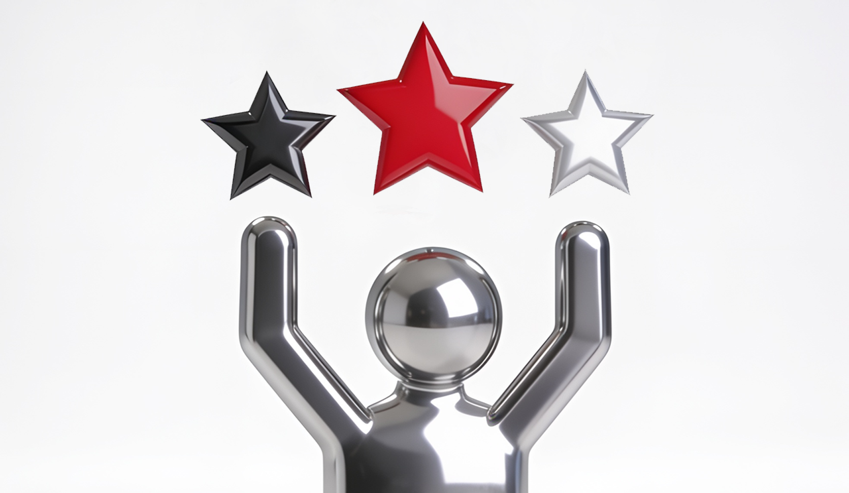 Glossy silver stick figure celebrating with arms raised beneath three stars in black, red, and silver, symbolising achievement and motivation.