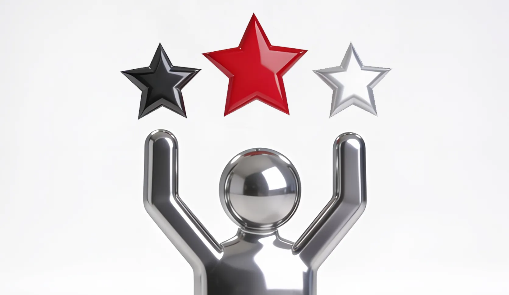 Glossy silver stick figure celebrating with arms raised beneath three stars in black, red, and silver, symbolising achievement and motivation.