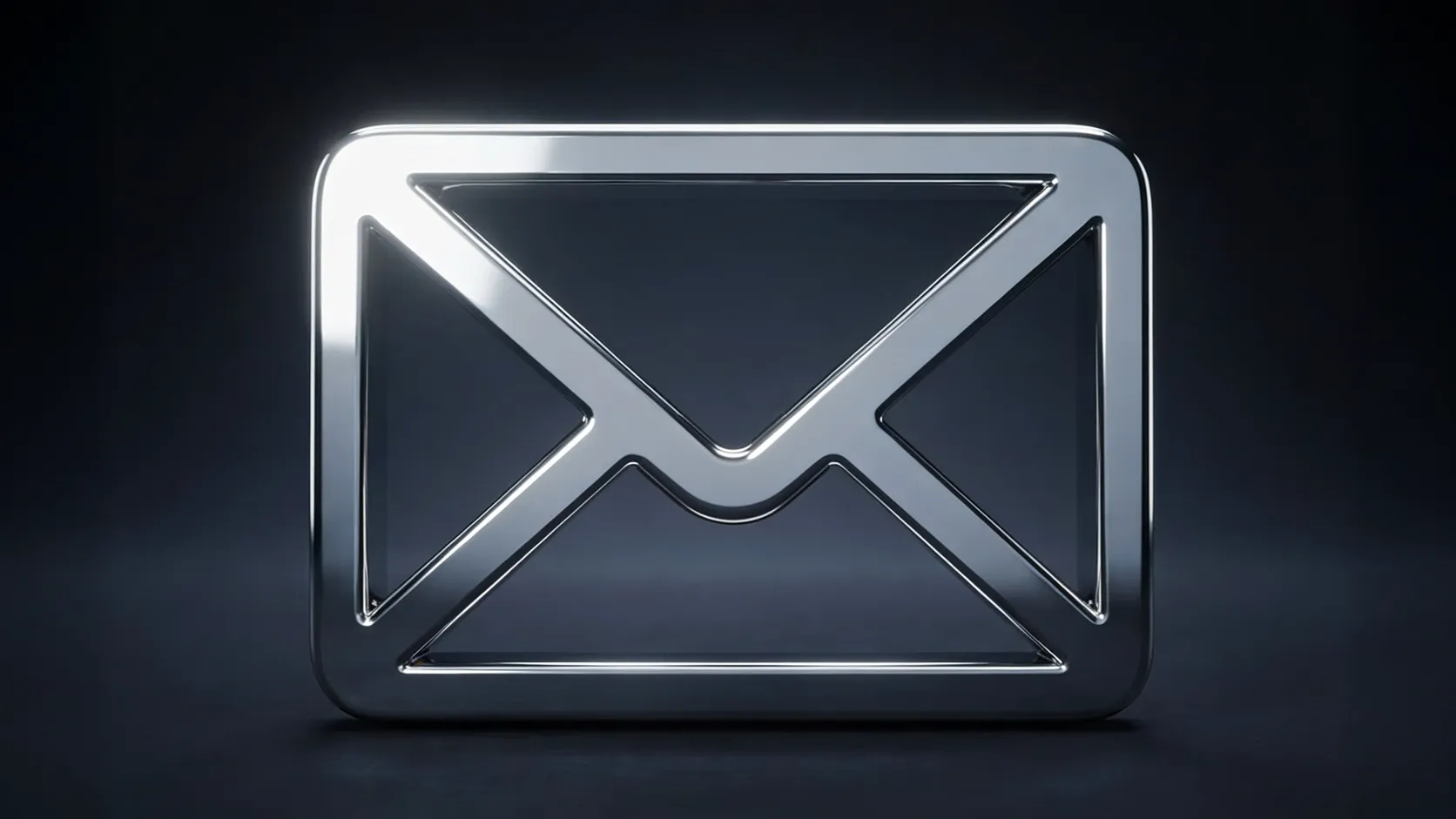A 3D glossy metallic chrome envelope icon representing email and communication, centred on a dark minimalist background.