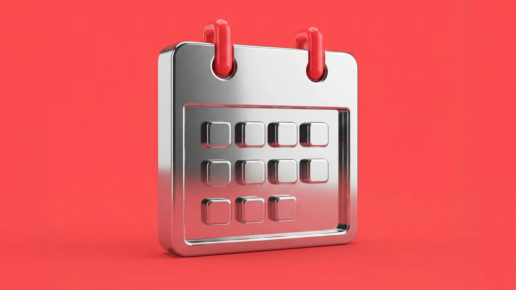 A 3D glossy metallic chrome calendar icon with red rings, representing a content calendar schedule, isolated on a solid red background.