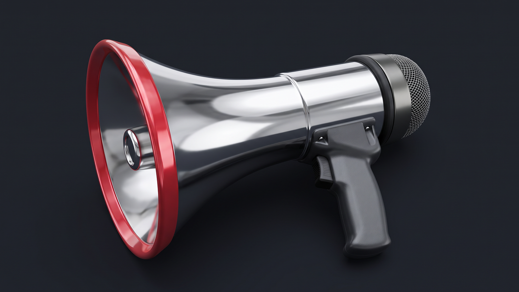 3D render of a silver megaphone with a black pistol-grip handle, red rim around the horn, and a microphone-style grille at the back, displayed against a dark gradient background. The image symbolises amplification, communication, and broadcasting.