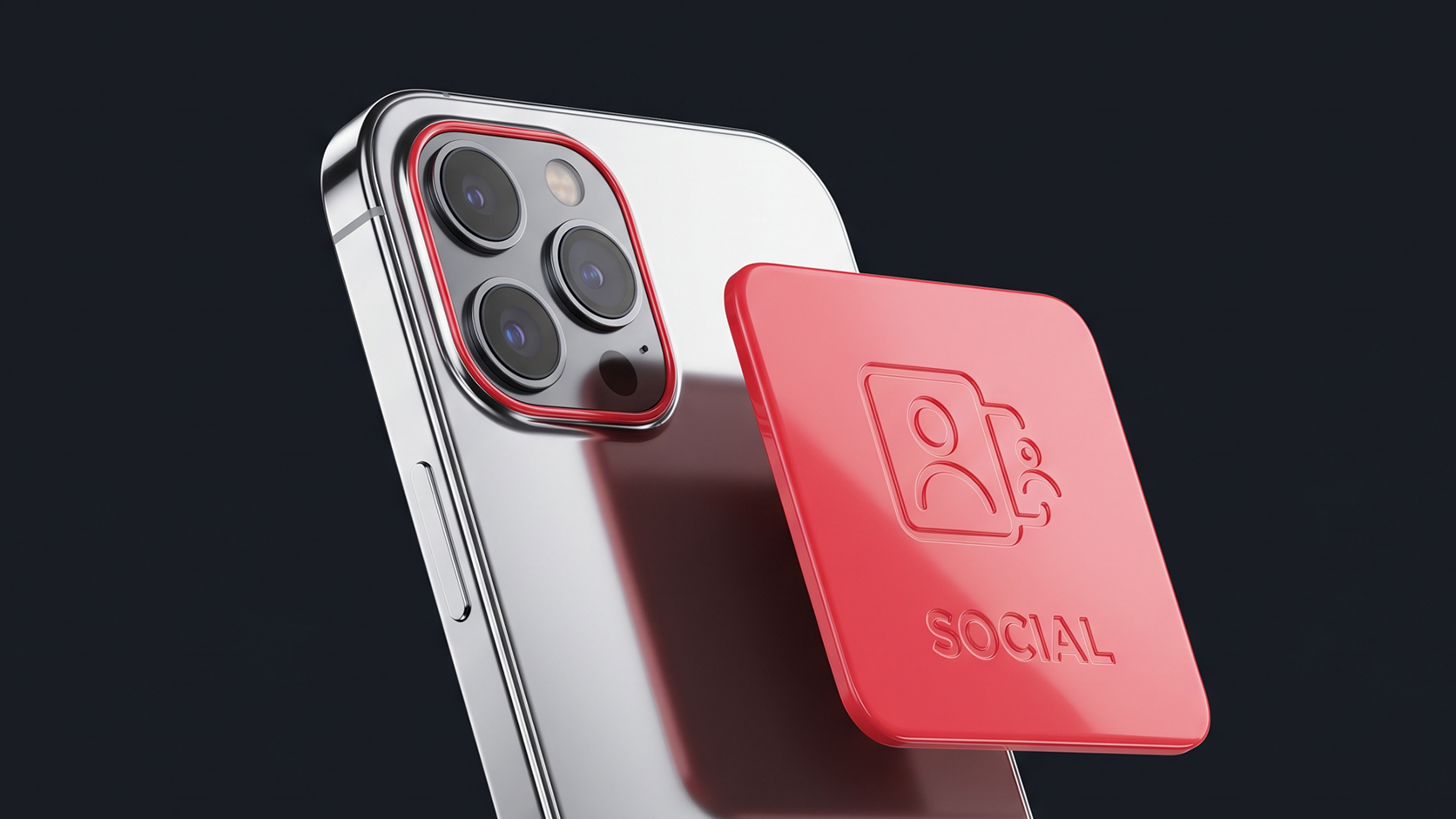 3D render of a silver smartphone with a triple-camera system, shown against a dark background. A raised red square card labeled “SOCIAL,” featuring a profile-and-video icon, floats over the back of the phone.