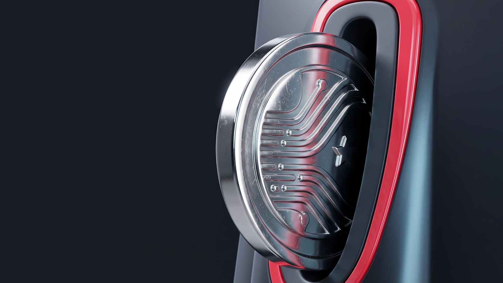 Close-up 3D render of a futuristic metallic dial or knob set into a dark gray surface, framed by a glossy red outline. The circular knob has a brushed chrome rim and a face etched with curved, fingerprint-like grooves and small rivets, with a small star-shaped detail visible in the recessed area beside it.