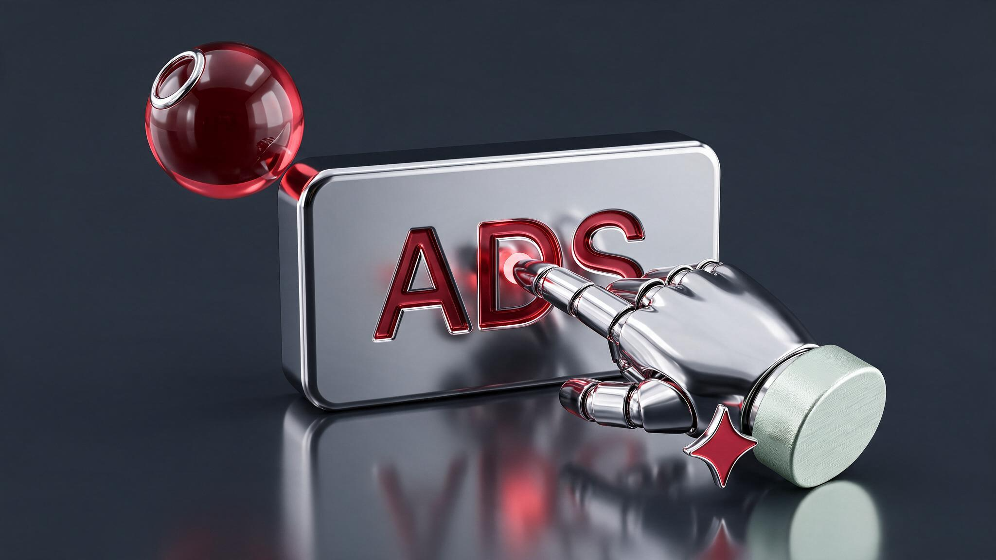 3D rendering of a metallic hand with a chrome cursor-style pointing finger clicking on a silver plaque with red 'ADS' text, accented by a red glass sphere and sparkle icon on a dark background.