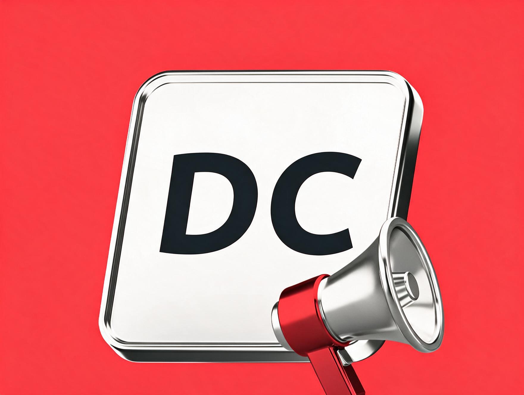 A 3D square icon with black 'DC' lettering for Deriv Copy, paired with a silver and red megaphone to represent Deriv Partner marketing and promotional tools.