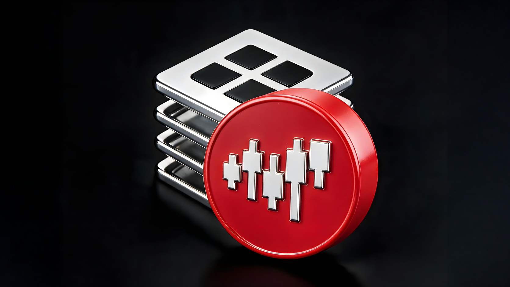 Red round token featuring silver candlestick chart icons leaning against a stack of metallic dashboard squares on a dark background.