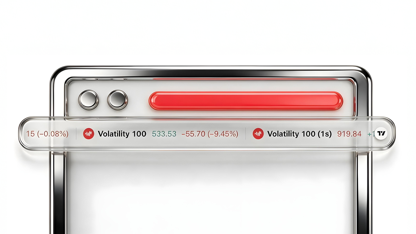 A glass market ticker tape widget displaying live price feeds for Volatility 100 and Volatility 100 (1s) indices overlaying a metallic browser window on a white background.