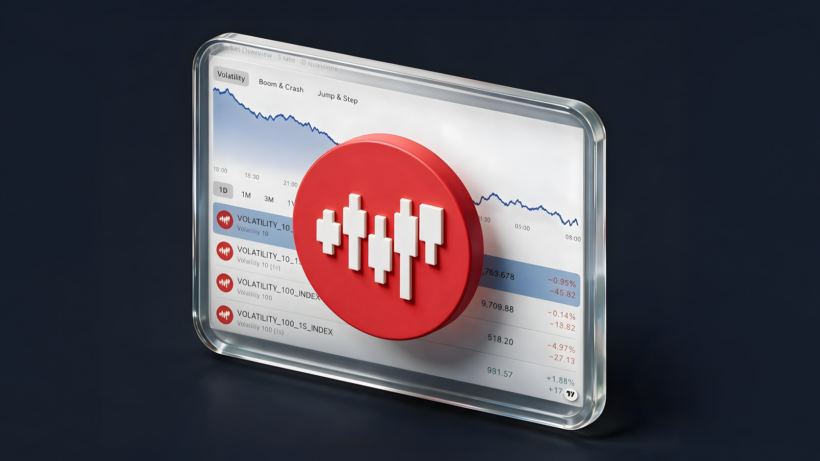 A glass Market Overview widget displaying a grouped Derived Indices watchlist and sparkline chart with a red round candlestick icon against a dark background.