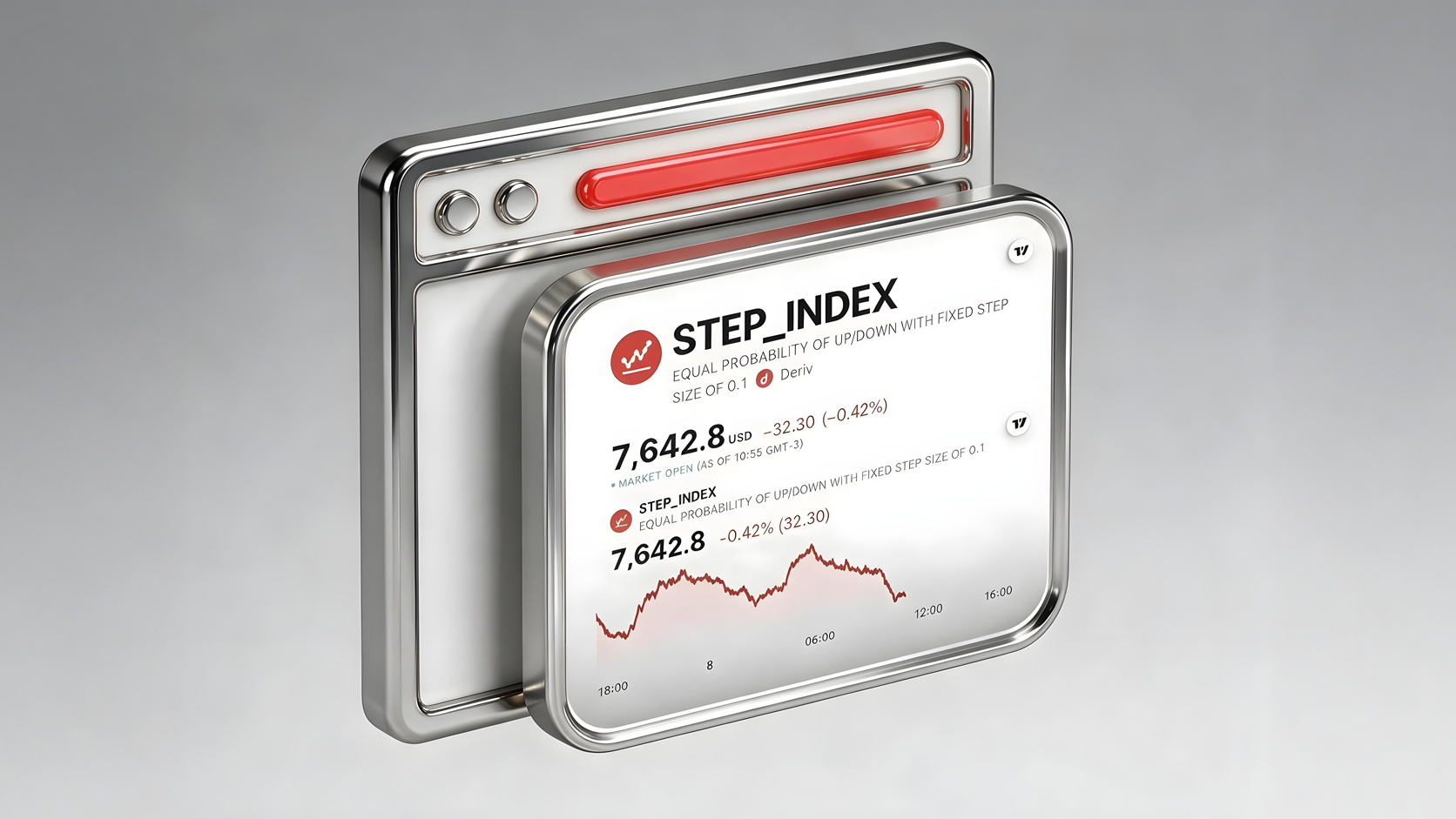 A 3D metallic card displaying a Step Index widget with live market data, price charts, and a mini sparkline graph overlaying a browser window on a grey background.