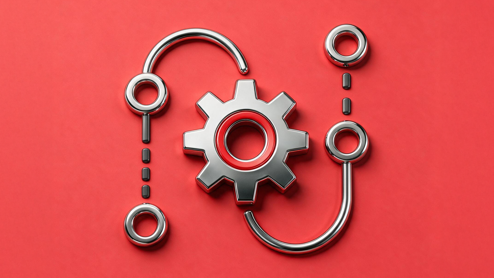 3D metallic gear surrounded by connected node icons on a red background, representing process automation and workflow integration.