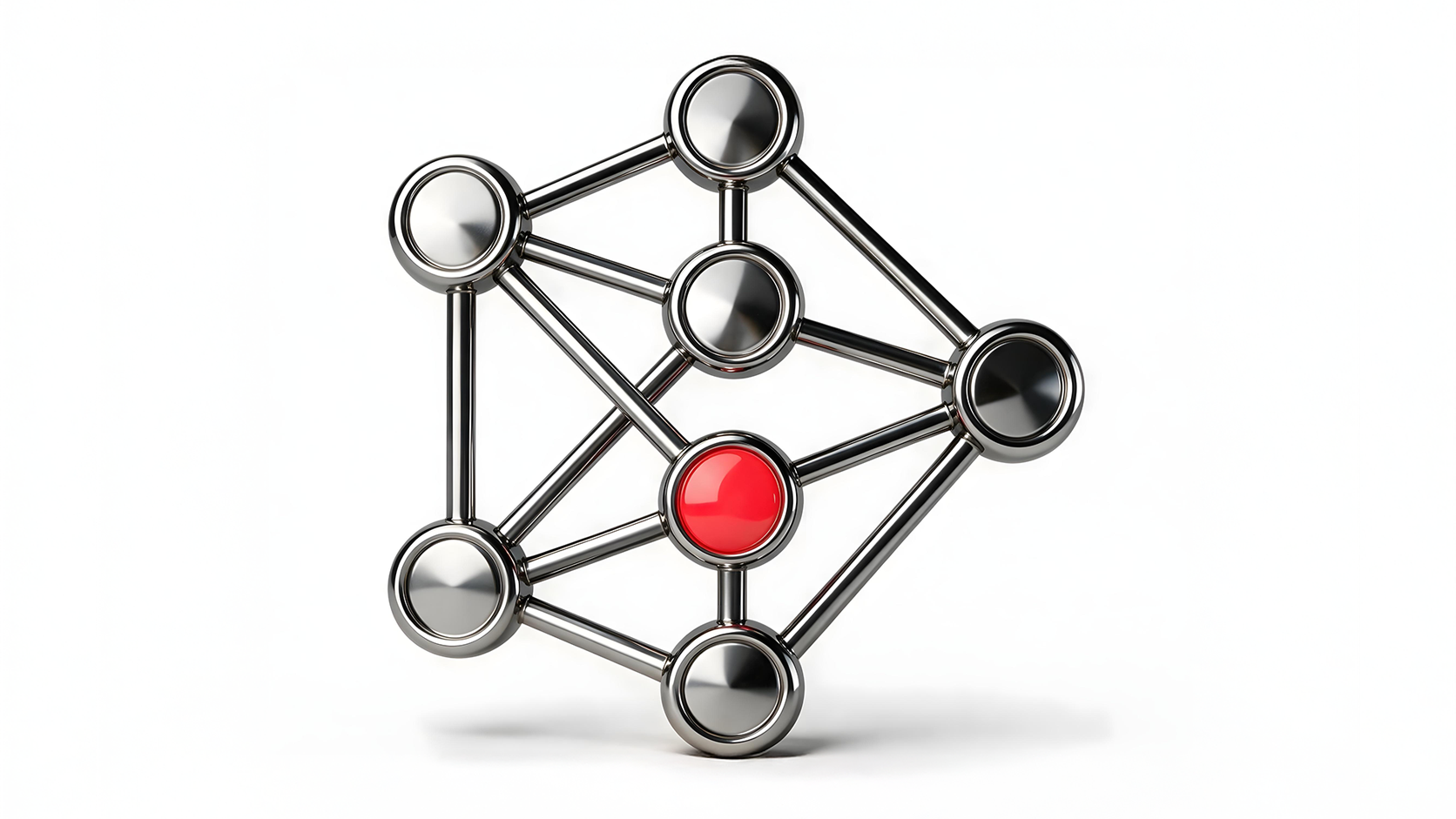 A 3D metallic molecular node network structure isolated on a white background, featuring connected metallic silver spheres with one central sphere highlighted in glossy red.