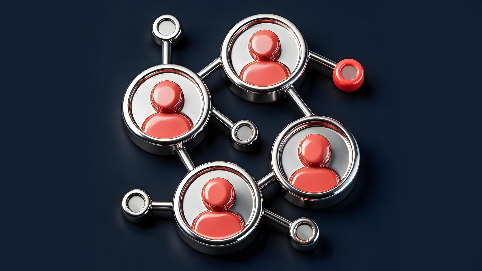 3D metallic network diagram featuring interconnected glossy red user icons representing partner network economics and referral structures.