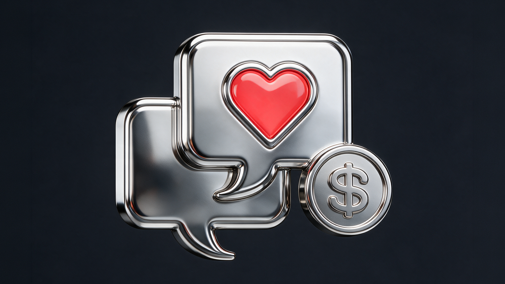 3D metallic speech bubbles with a red heart icon next to a silver dollar coin, representing social media engagement and paid advertising spend.