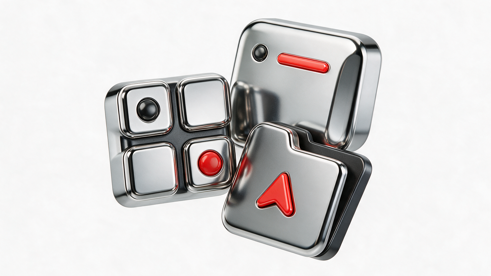 A photorealistic 3D render of three metallic, floating square icons on a white background, featuring a four-panel grid with a red dot, a window with a red horizontal dash, and a folder with a red upward arrow.