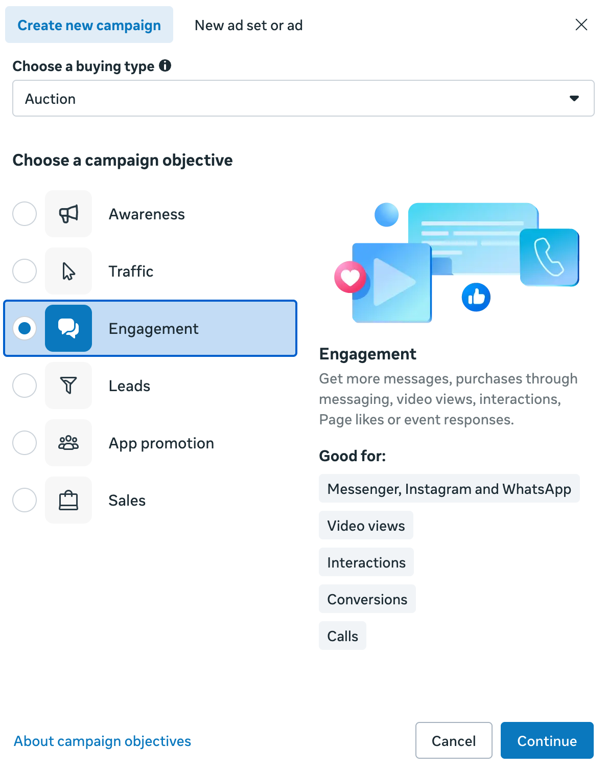 Meta Ads Manager campaign objective selection screen with Engagement selected and a Continue button.