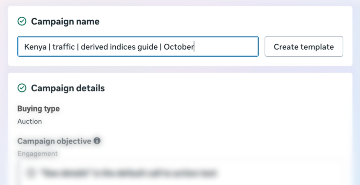 Meta Ads Manager setup screen showing campaign name, buying type, and objective controls.