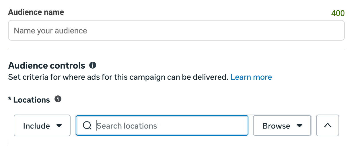 Meta Ads Manager audience controls screen with an audience name field and location search and selection options.