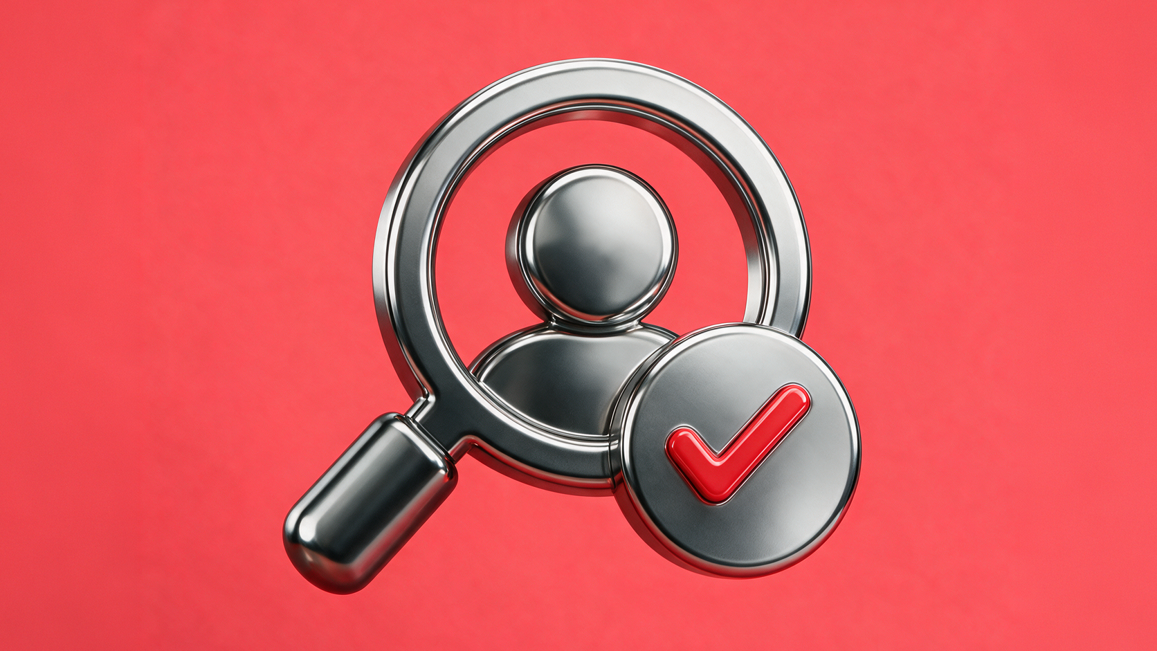 Silver 3D rendering of a magnifying glass encompassing a user silhouette with a glossy red checkmark against a red background