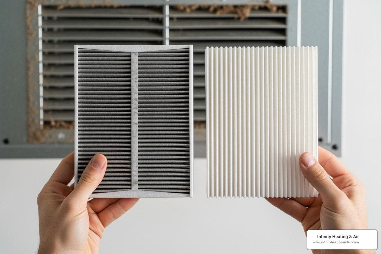 A person holding a dirty air filter next to a clean one - Heat pump not cooling