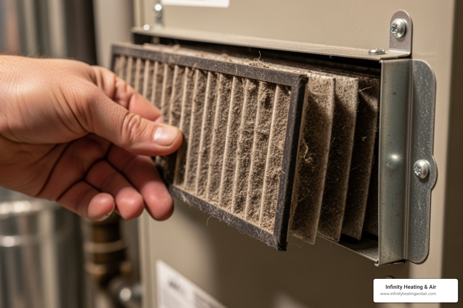 Image of a hand carefully sliding a dirty, old furnace filter out of its slot in a furnace unit - Furnace filter replacement