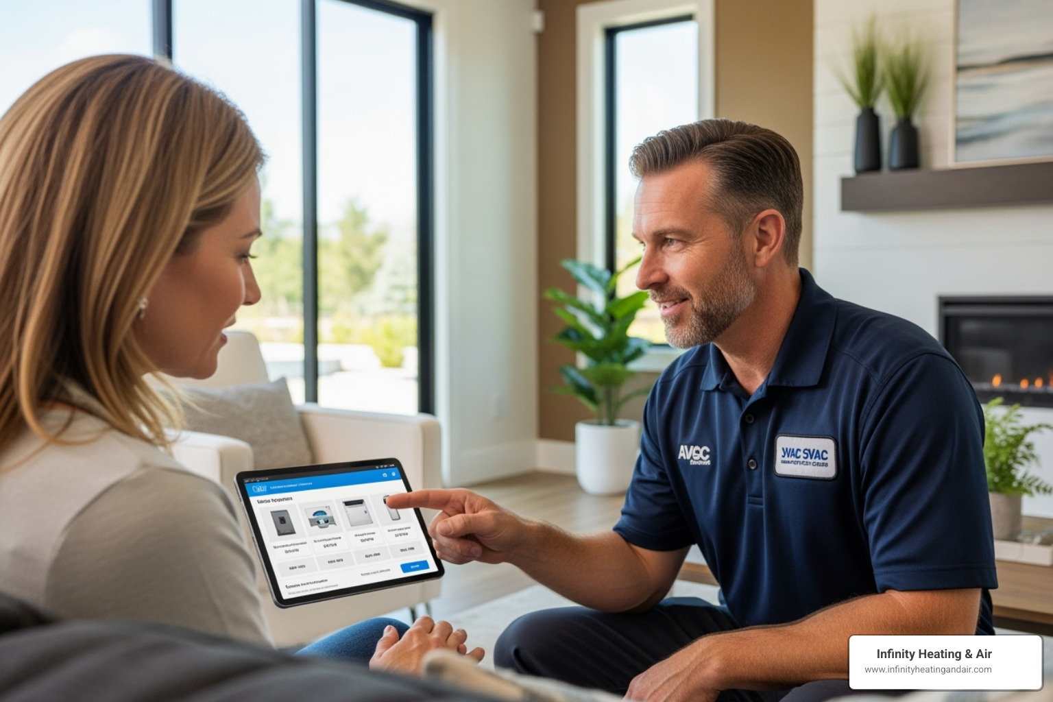HVAC technician showing a homeowner a tablet with system options - AC replacement estimate