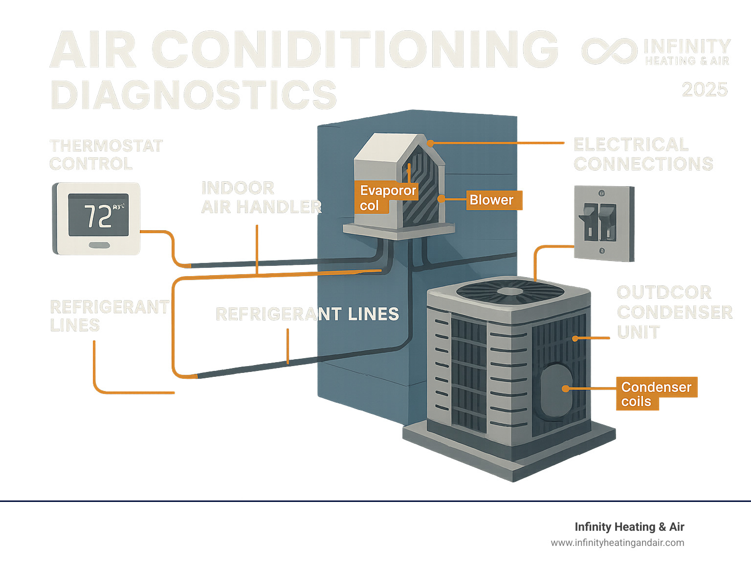 Detailed infographic showing the main components of a home air conditioning system including the outdoor condenser unit with compressor and condenser coils, indoor air handler with evaporator coil and blower, thermostat control, refrigerant lines connecting indoor and outdoor units, and electrical connections with circuit breakers - Air conditioning diagnostics infographic 