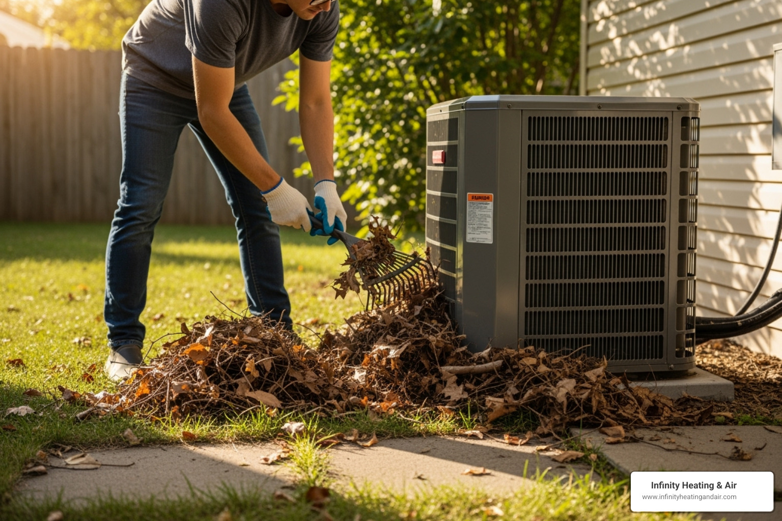A person clearing leaves and debris from around an outdoor condenser unit - Air conditioning diagnostics