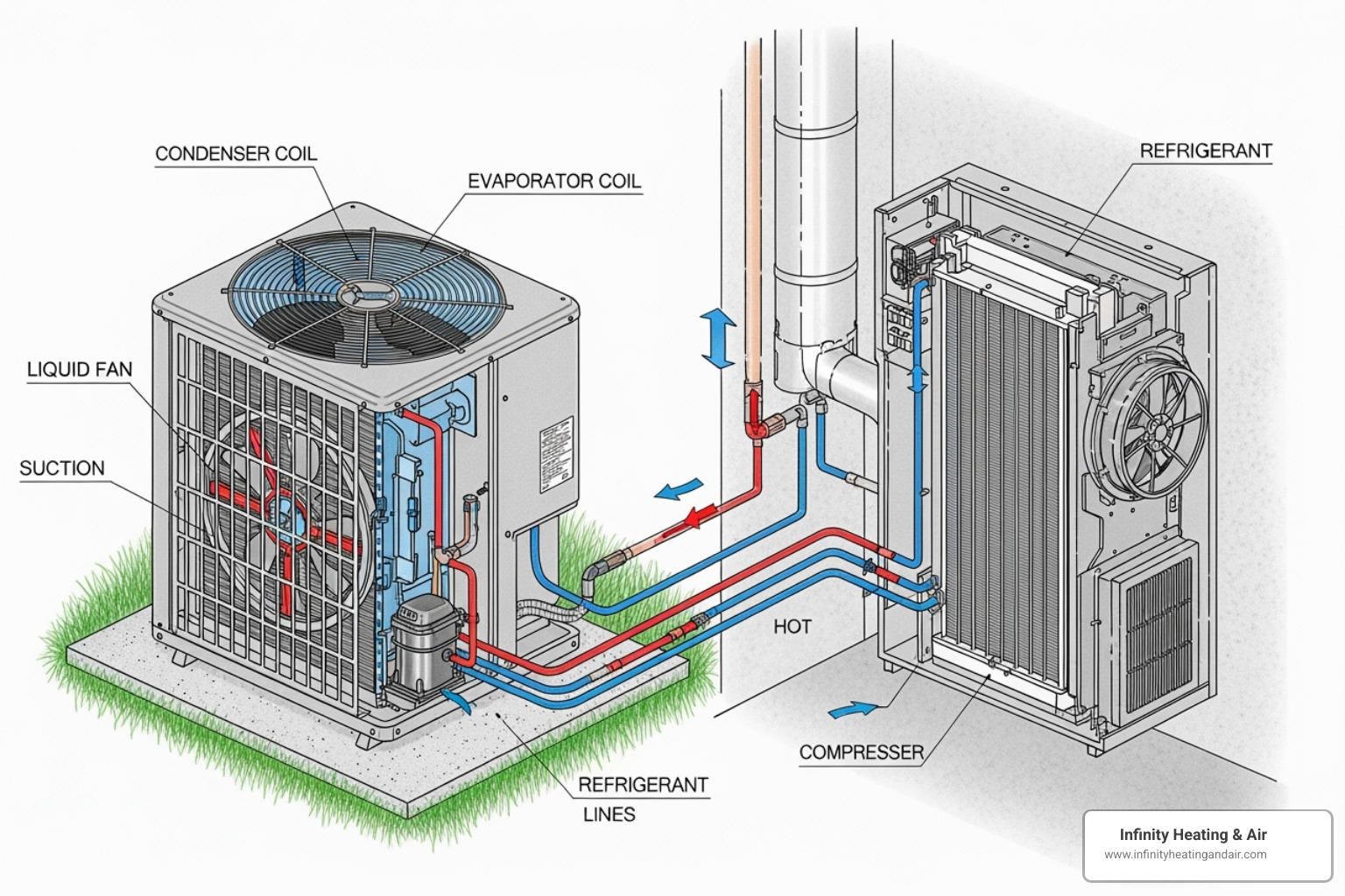 Diagram showing AC unit with evaporator and condenser coils - AC coil cleaning