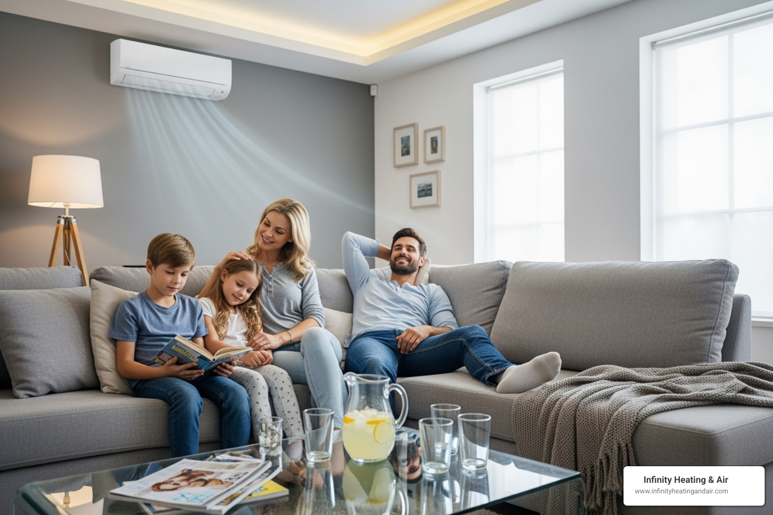 Family enjoying cool living room - AC coil cleaning